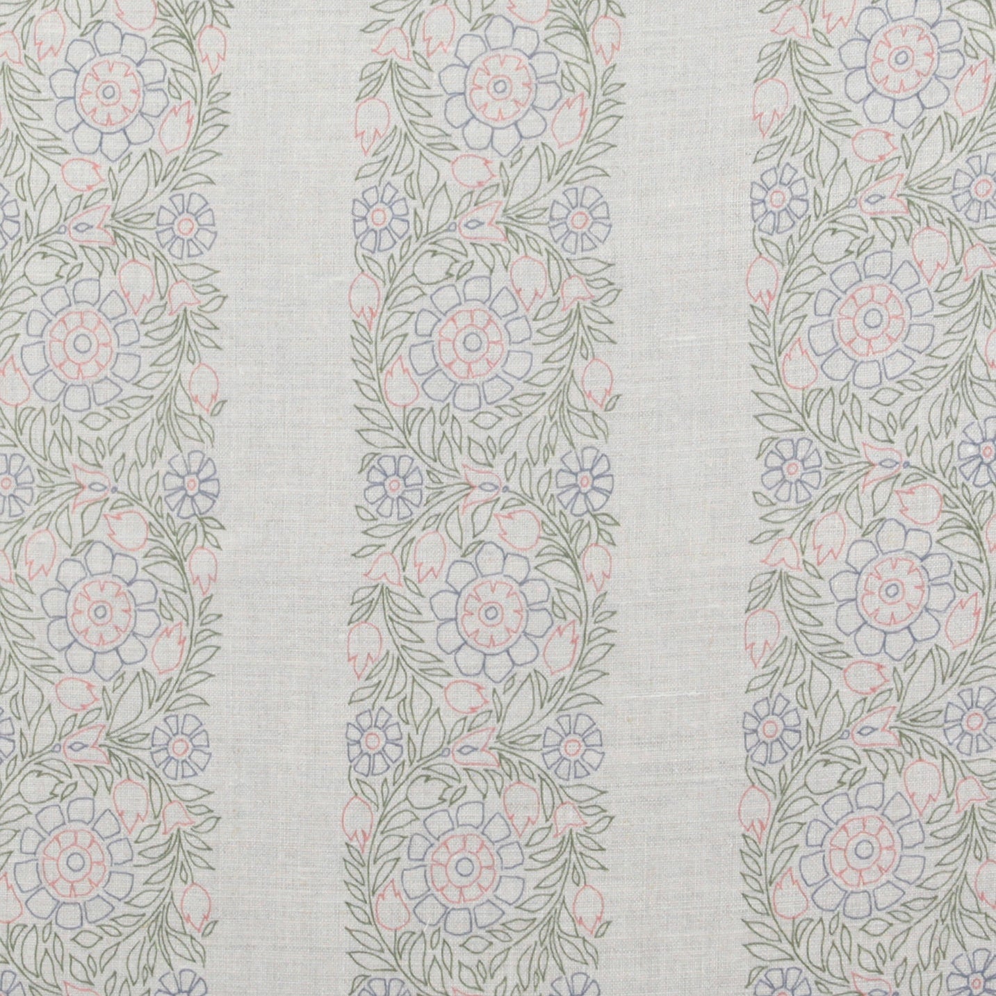 Detail of fabric in a floral stripe print in pastel green, blue and pink on a cream field.