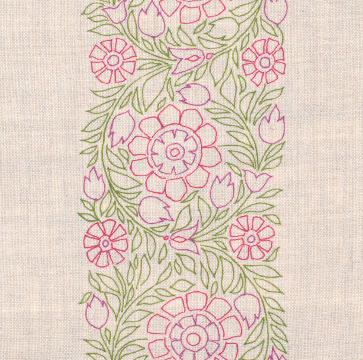 Detail of fabric in a floral stripe print in green, pink and purple on a cream field.