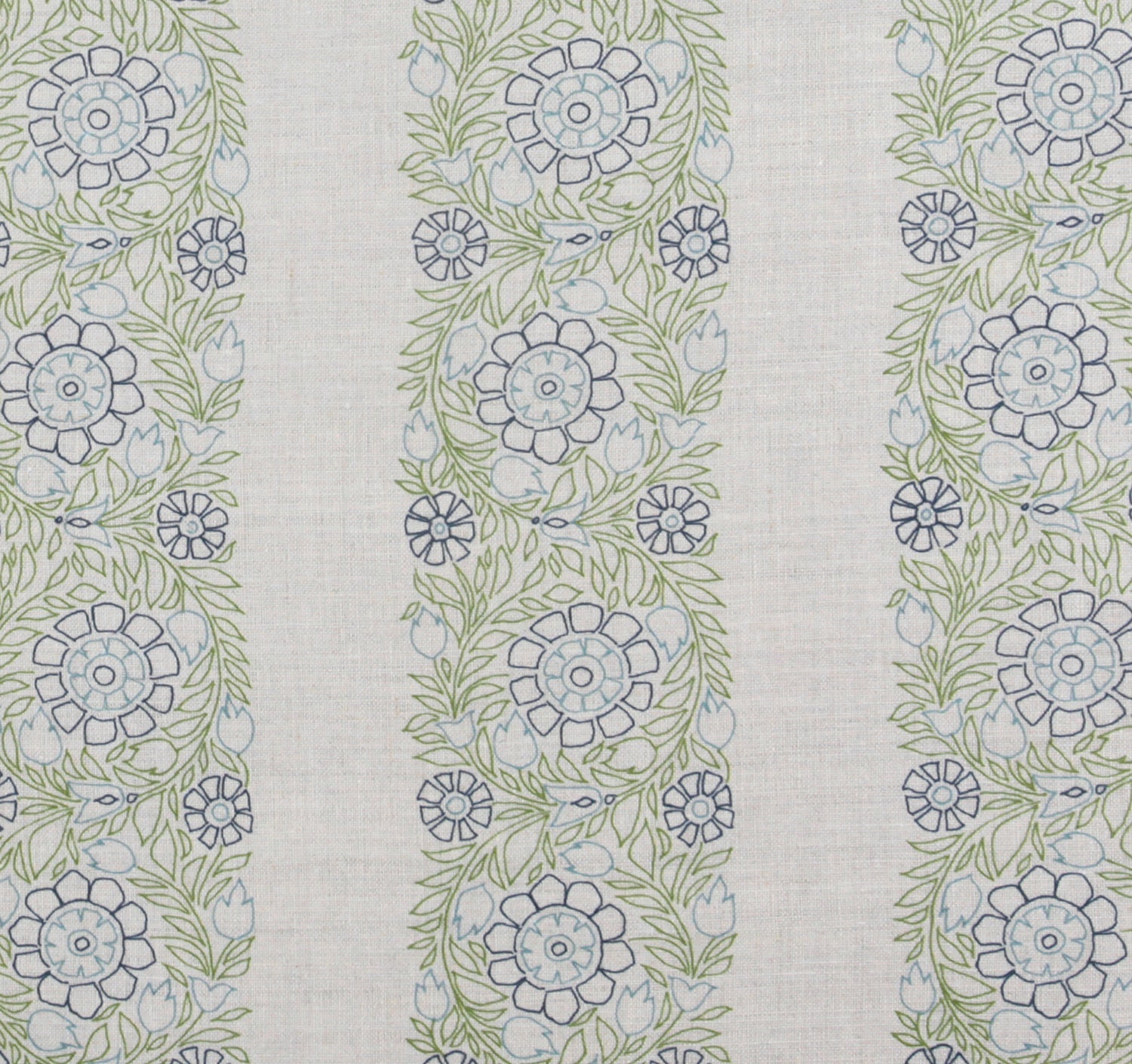 Detail of fabric in a floral stripe print in green, blue and navy on a cream field.