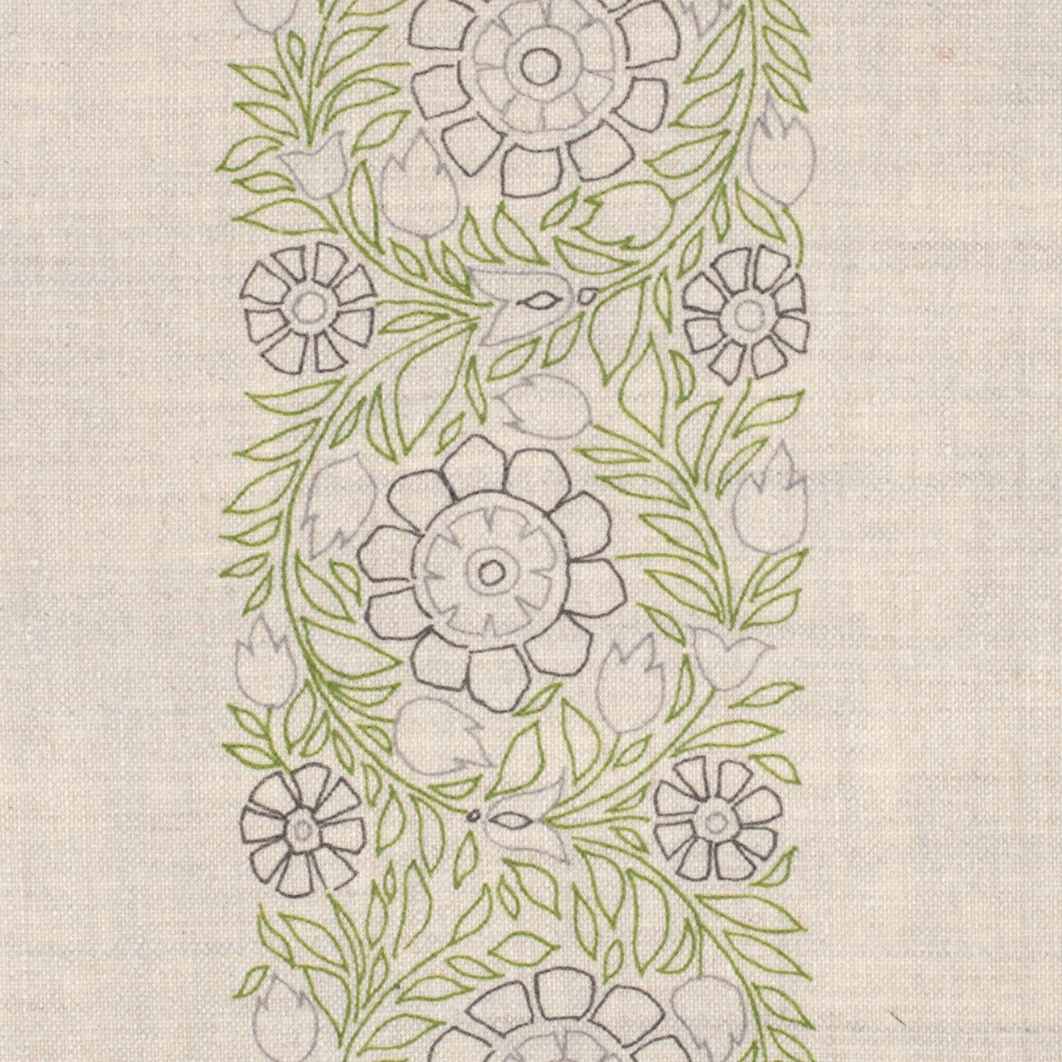 Detail of fabric in a floral stripe print in green, gray and purple on a cream field.