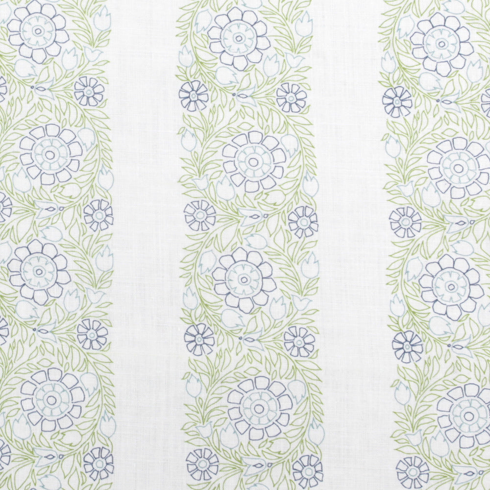 Detail of fabric in a floral stripe print in green, blue and navy on a white field.