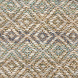 Handwoven rug detail in a diamond design in cream, yellow, blue