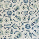 Detail of fabric in a floral paisley print in shades of navy and green on a cream field.