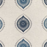 Fabric with a repeating floral print in tan and navy on a cream field.