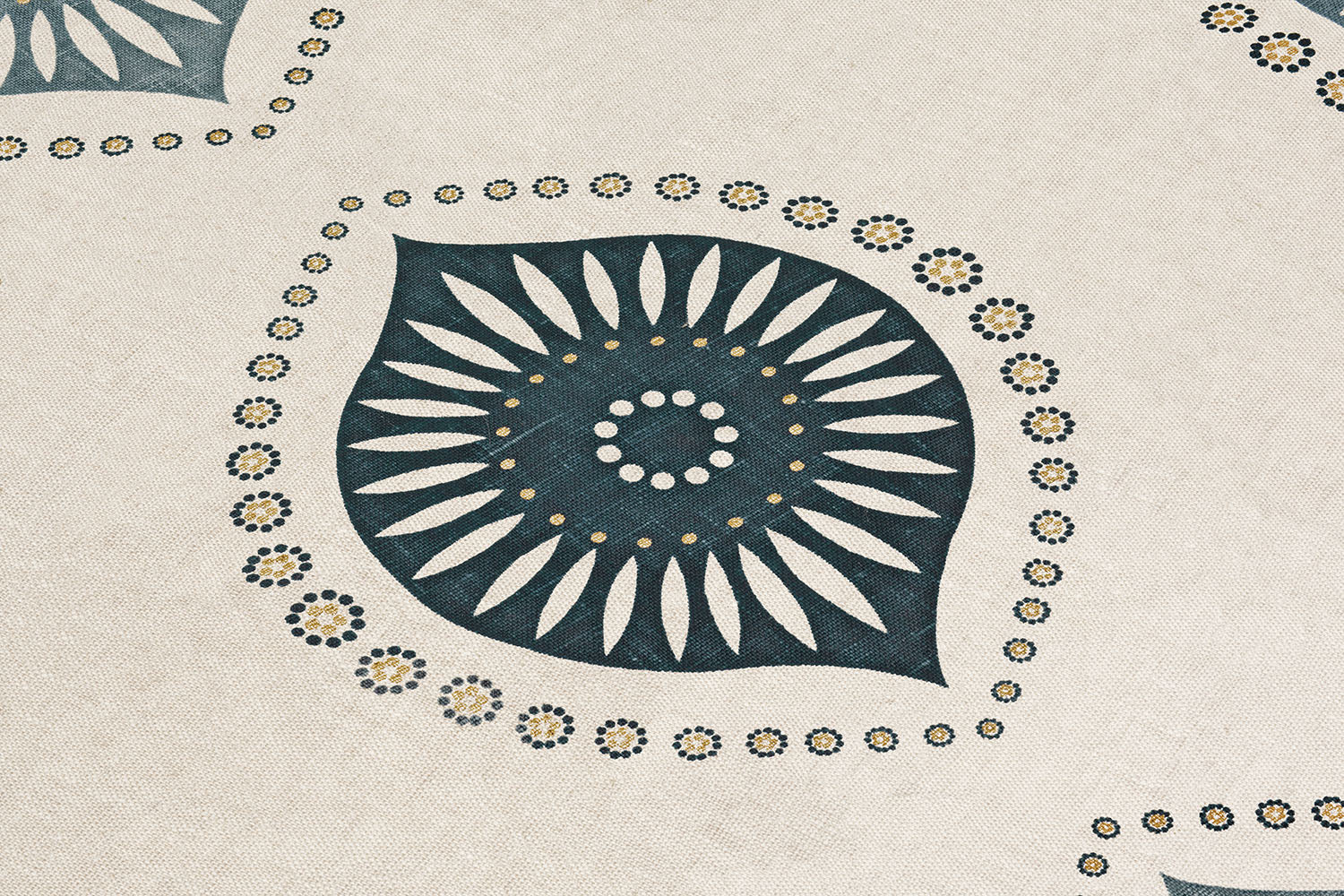Detail of fabric with a repeating floral print in tan and navy on a cream field.