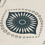 Detail of fabric with a repeating floral print in tan and navy on a cream field.