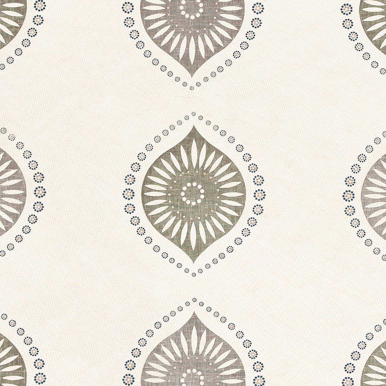 Fabric with a repeating floral print in brown and charcoal on a cream field.