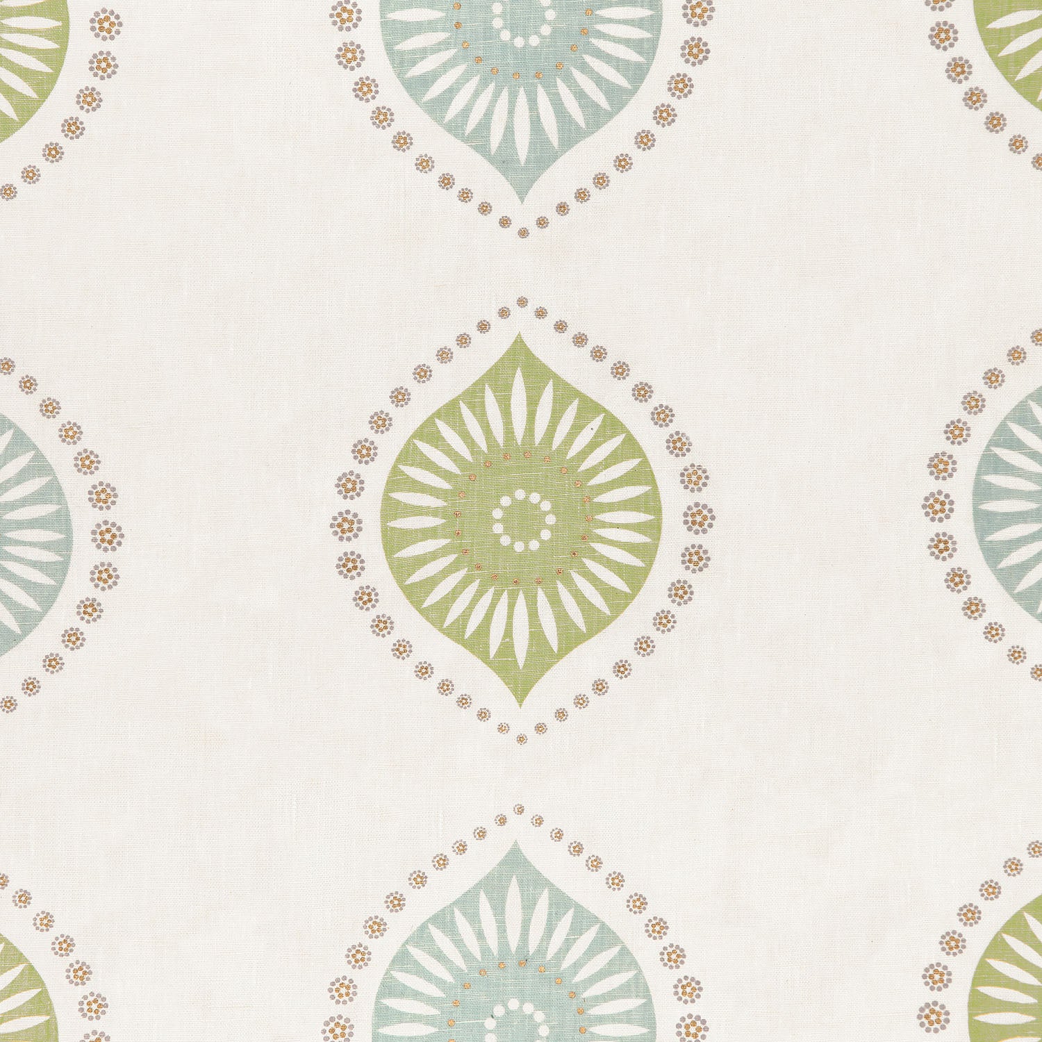 Fabric with a repeating floral print in blue, green and tan on a cream field.