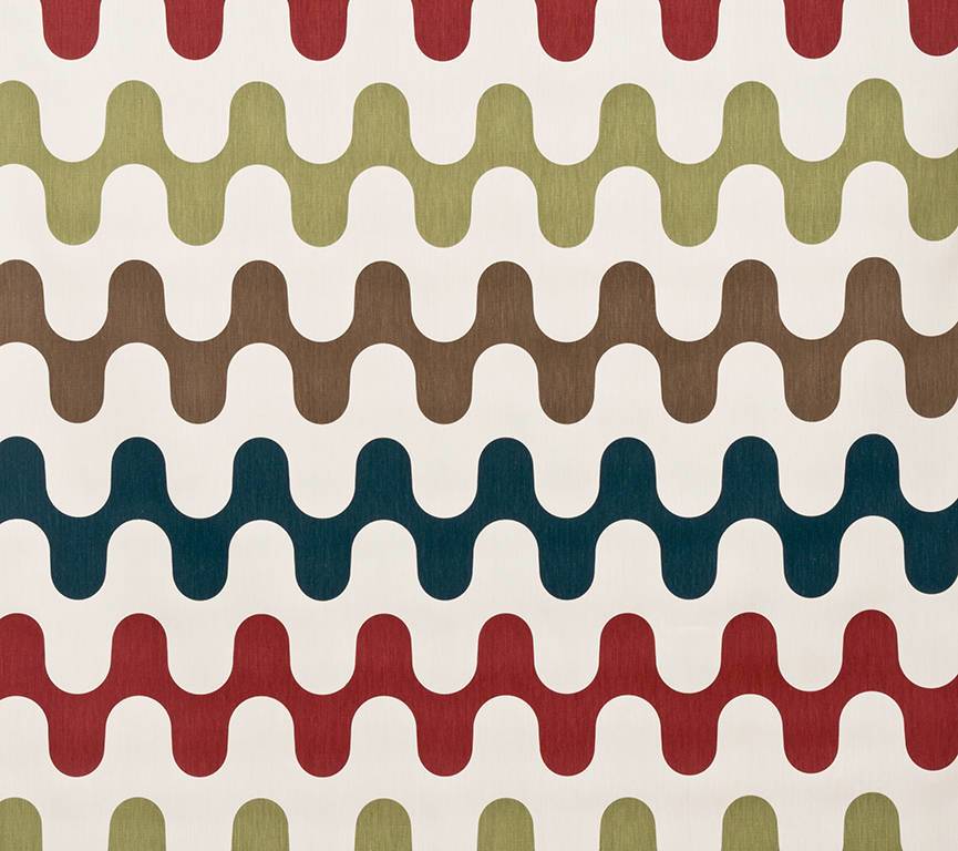 Detail of a curvy stripe pattern in red. lime green, brown, and navy on a cream background.