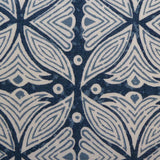 Detail of fabric in a botanical geometric print in shades of blue and cream on a navy field.