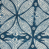 Detail of fabric in a botanical geometric print in shades of blue, cream and navy with a navy dot overlay.