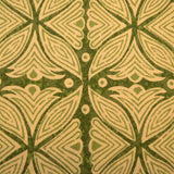 Detail of fabric in a botanical geometric print in shades of tan and green.