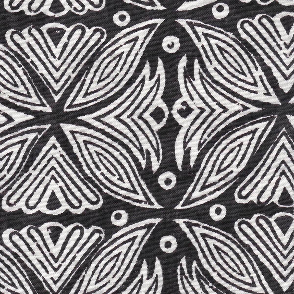 Detail of fabric in a botanical geometric print in black and white.