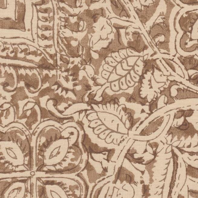 Detail of fabric in a painterly floral paisley in shades of brown on a tan field.