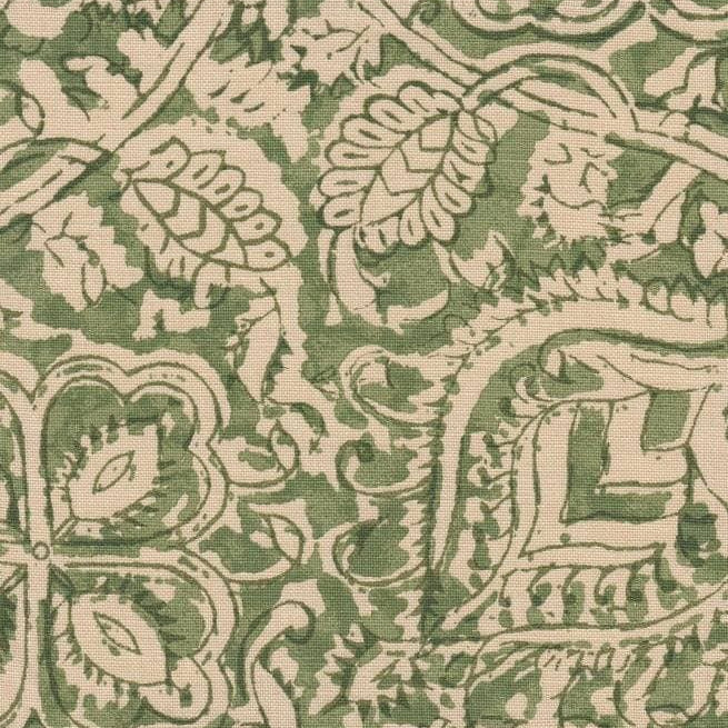 Detail of fabric in a painterly floral paisley in shades of green on a tan field.