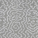 Detail of fabric in a minimalist wood grain print in white on a gray field.