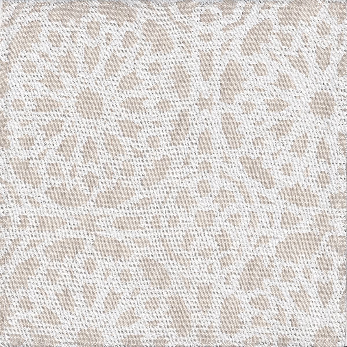 Detail of sheer fabric in a small-scale lattice print in white on a cream field.