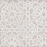 Detail of sheer fabric in a small-scale lattice print in white on a cream field.