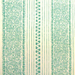 Detail of fabric in a botanical stripe print in turquoise on a cream field.