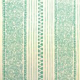 Detail of fabric in a botanical stripe print in turquoise on a cream field.