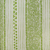 Detail of fabric in a botanical stripe print in olive on a white field.