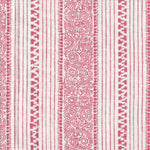 Detail of fabric in a botanical stripe print in pink on a white field.