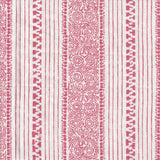 Detail of fabric in a botanical stripe print in pink on a white field.