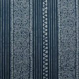 Detail of fabric in a botanical stripe print in gray on an indigo field.