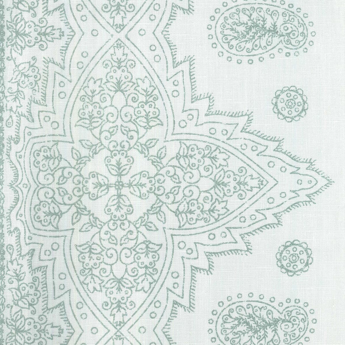 Detail of fabric in a dense paisley border print in sage on a cream field.