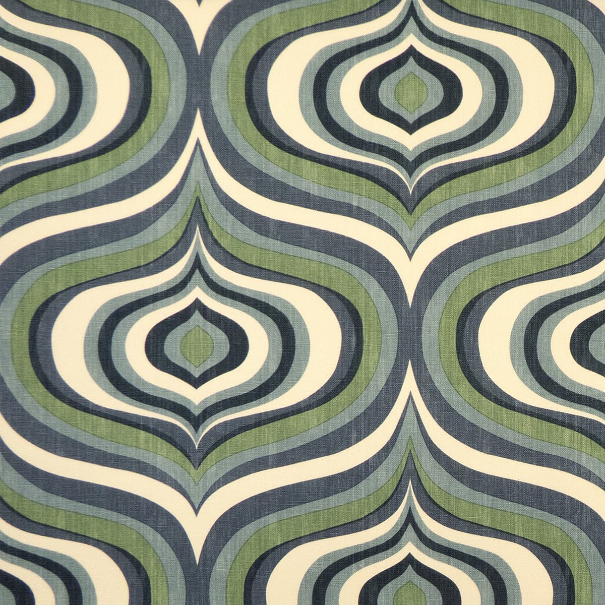 Detail of fabric in a curvilinear geometric print in shades of blue, green and navy on a cream field.