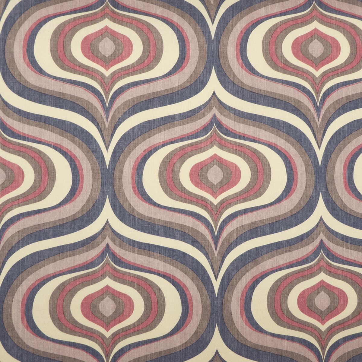 Detail of fabric in a curvilinear geometric print in shades of pink, mauve and blue on a cream field.