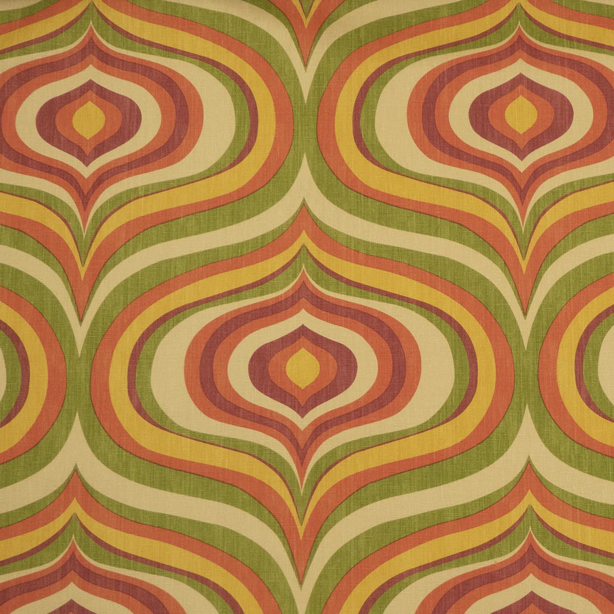 Detail of fabric in a curvilinear geometric print in shades of red and green on a yellow field.