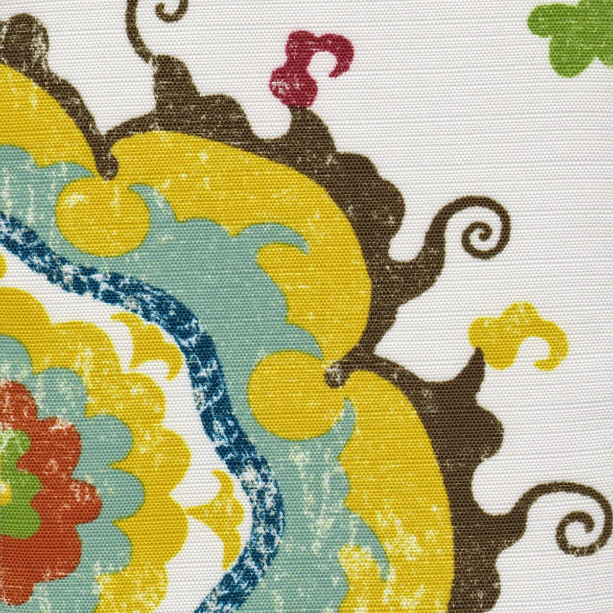 Detail of fabric in a floral paisley print in shades of blue, yellow, red and brown on a white field.