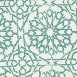 Detail of fabric in a small-scale lattice print in turquoise on a white field.