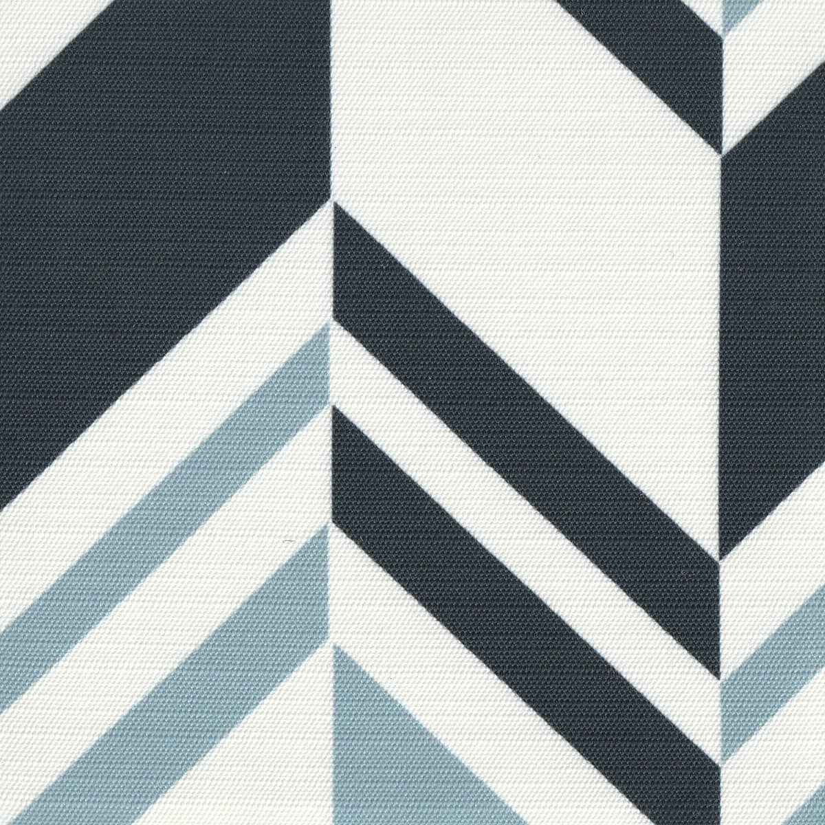 Detail of fabric in an irregular chevron stripe in navy and blue on a white field.