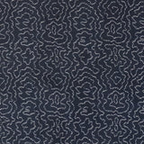 Detail of fabric in a minimalist wood grain print in white on an indigo field.