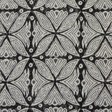 Detail of fabric in a botanical geometric print in shades of gray and charcoal.