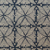 Detail of fabric in a botanical geometric print in shades of brown and navy.