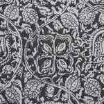 Detail of fabric in a painterly floral paisley in shades of gray and charcoal.