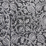 Detail of fabric in a painterly floral paisley in shades of gray and charcoal.