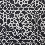 Detail of fabric in a small-scale lattice print in light gray on a charcoal field.