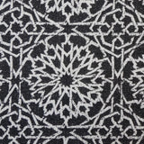 Detail of fabric in a small-scale lattice print in light gray on a charcoal field.