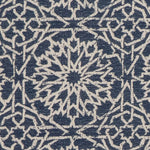 Detail of fabric in a small-scale lattice print in light brown on a navy field.