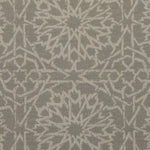 Detail of fabric in a small-scale lattice print in light gray on a gray field.