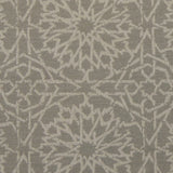 Detail of fabric in a small-scale lattice print in light gray on a gray field.