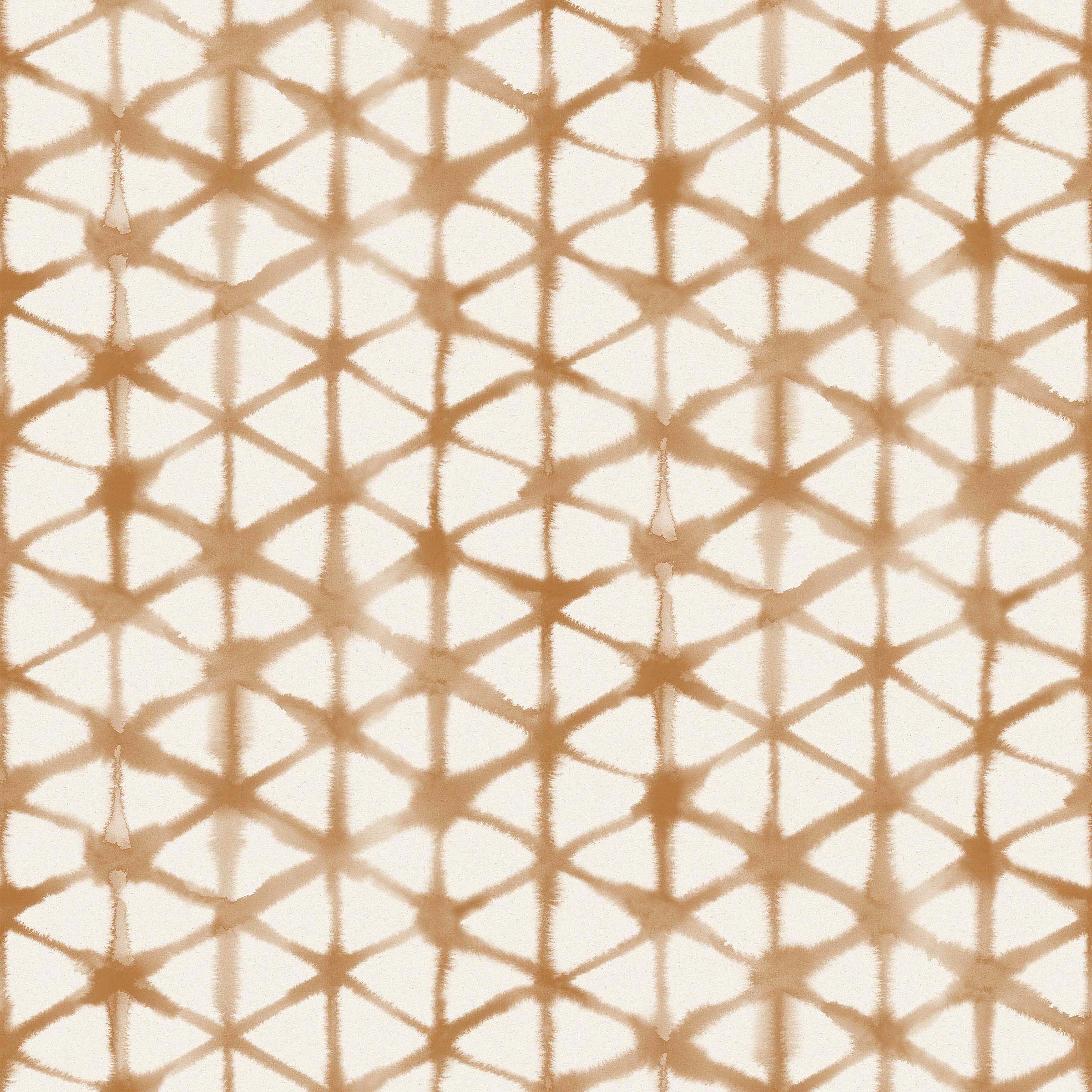 Detail of wallpaper in a painterly lattice print in brown on a cream field.