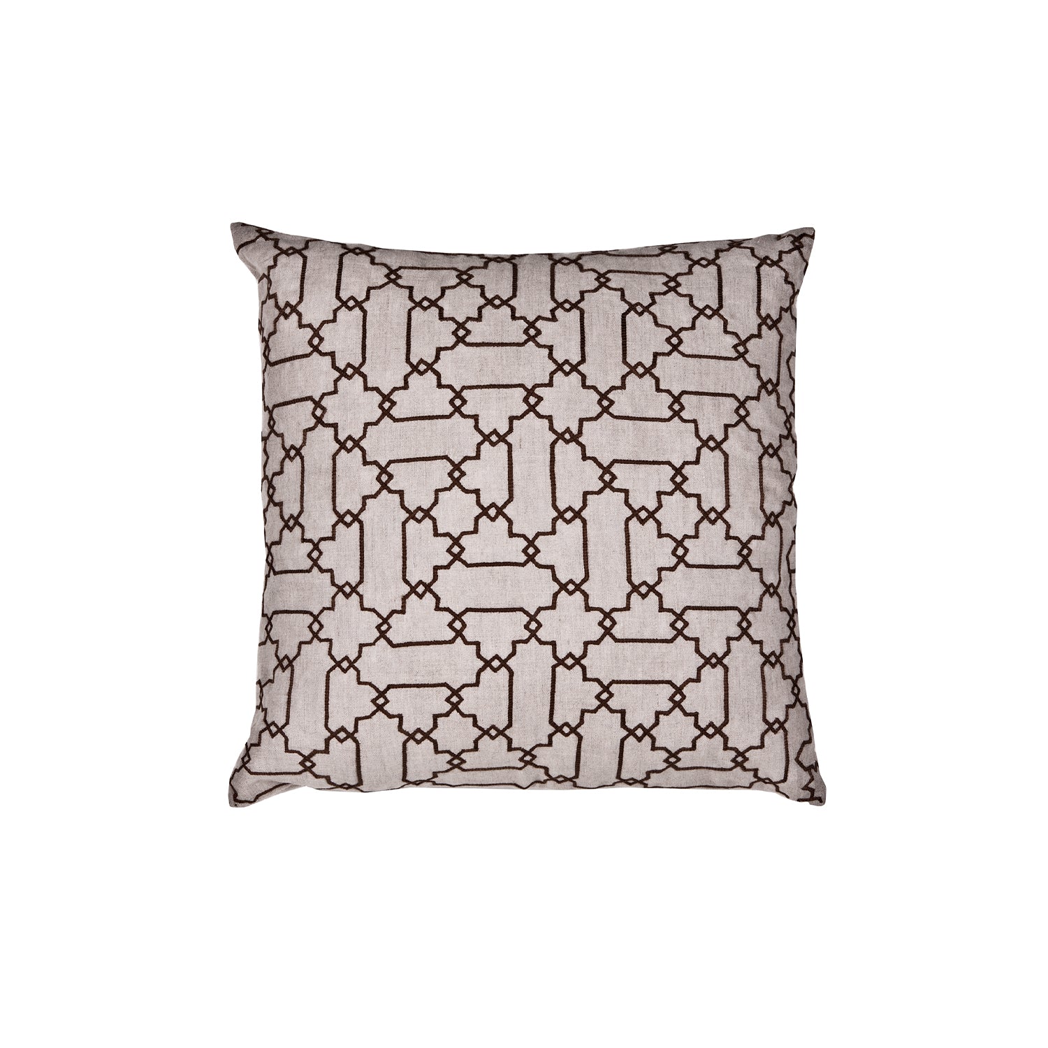 Square throw pillow with a repeating linear pattern of interlocking Moroccan tiles in brown on a greige field.