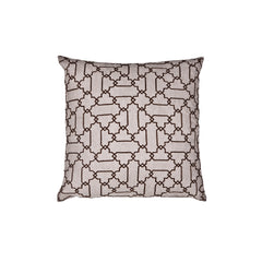 Square throw pillow with a repeating linear pattern of interlocking Moroccan tiles in brown on a greige field.