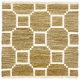 Woven rug swatch with a ivory lattice pattern on a taupe field with ivory fringe edges at top and bottom