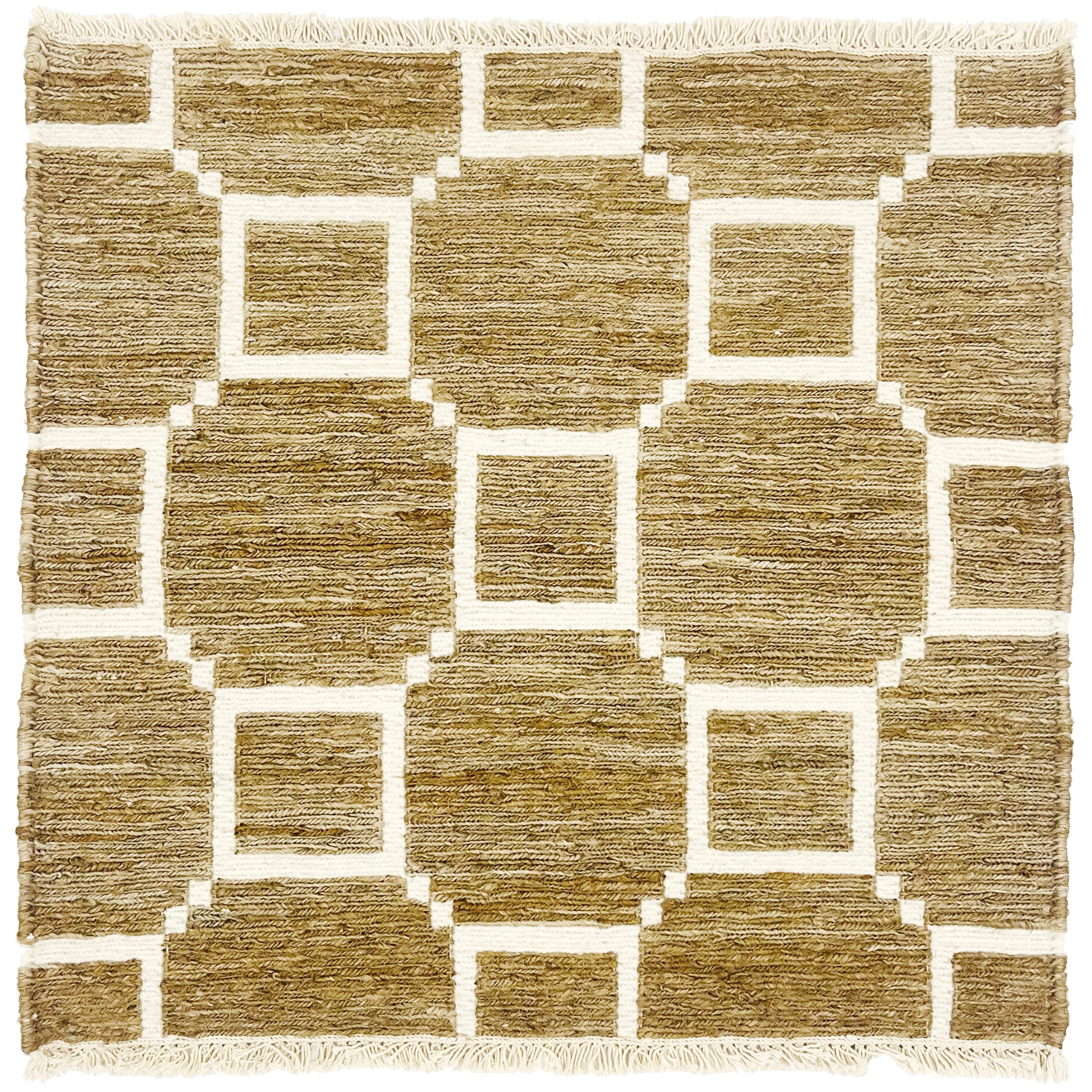 Woven rug swatch with a ivory lattice pattern on a taupe field with ivory fringe edges at top and bottom